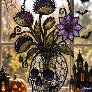 May include: A stained glass suncatcher featuring a human skull base with a textured clear finish and purple eye sockets. Emerging from the top are several purple and green Venus flytrap plants and a single purple flower, all suspended by black chains.
