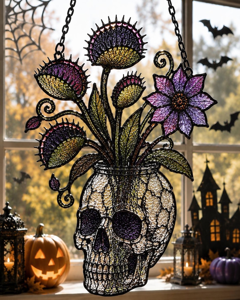 May include: A stained glass suncatcher featuring a human skull base with a textured clear finish and purple eye sockets. Emerging from the top are several purple and green Venus flytrap plants and a single purple flower, all suspended by black chains.