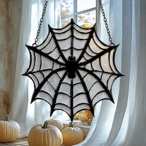 Black Spider Web Faux Stained Glass Window Hanging, Acrylic Suncatcher Gothic Halloween Decor, Spooky Witch House Gift For Haunted Home
