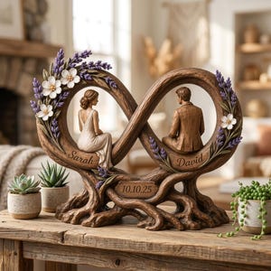 May include: A decorative sculpture featuring an infinity-shaped wooden frame adorned with purple lavender and white flowers. Two figures sit within the loops, with the names Sarah and David engraved, and the date 10.10.25 on the base.