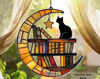 Cat Reading Moon Suncatcher, Faux Stained Glass Window Hanging