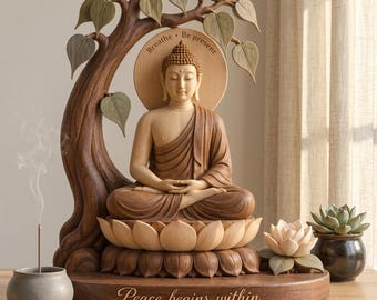 Buddha Meditation Wooden Block, Bodhi Tree Lotus Zen Decor, Peace Begins Within (Personalized)