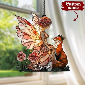 Fairy Fox Acrylic Suncatcher, Floral Woodland Window Hanging, Fantasy Decor