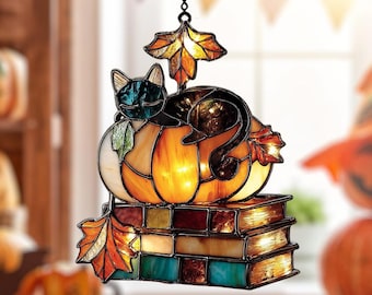 Acchiappasole in vetro colorato finto con gatto e zucca, decorazione autunnale in acrilico per finestre con libri e foglie d&#39;acero, regalo autunnale per lettori e mamme di gatti.