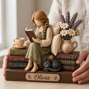 Puede incluir: Una figura decorativa que muestra a una persona con cabello trenzado leyendo un libro, sentada sobre una pila de libros con la etiqueta 'Just A Girl Who Loves Books'. Un gato negro dormido, una taza y un jarrón con margaritas y lavanda sobre una base 'Olivia'.