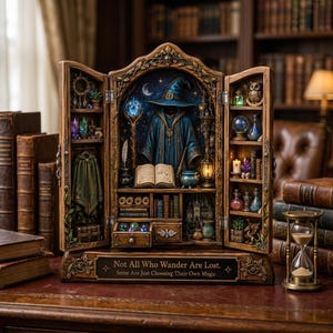 May include: A wooden triptych cabinet featuring a wizard robe, a staff, and an open book. The shelves hold miniature potions, crystals, an owl, and books. The base displays the text: Not All Who Wander Are Lost. Some Are Just Choosing Their Own Magic.
