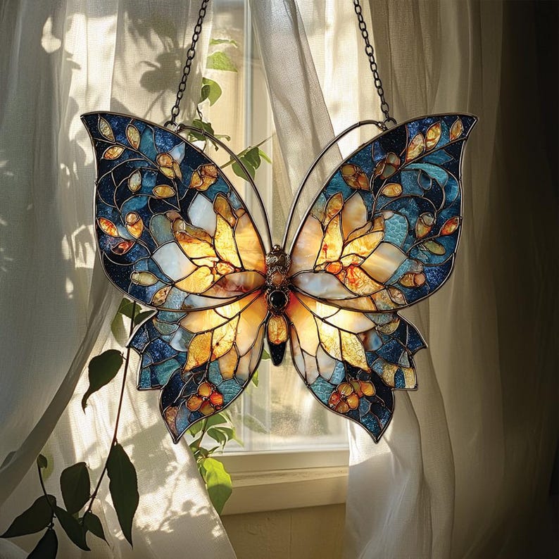 Blue and Gold Butterfly Faux Stained Glass Suncatcher – Acrylic Butterfly Window Art, Whimsical Nature Decor for Butterfly and Flower Lovers