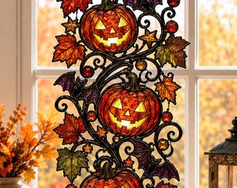 Halloween Pumpkin Acrylic Suncatcher, Faux Stained Glass Window Hanging, Autumn Maple Leaf Decor