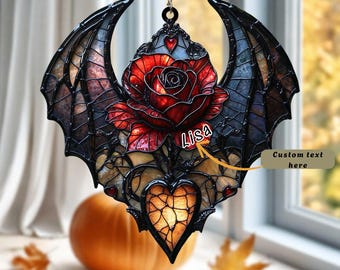 Vampire Heart Rose ACRYLIC/Resin Suncatcher – Black Wings & Dripping Crimson Petals with Faux Glass Charm | Dark Gothic Love Window Hanging