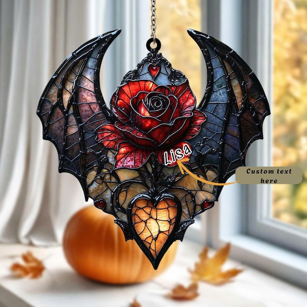 Vampire Heart Rose ACRYLIC/Resin Suncatcher – Black Wings & Dripping Crimson Petals with Faux Glass Charm | Dark Gothic Love Window Hanging