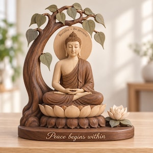 May include: A wooden sculpture of a seated Buddha figure positioned under a tree with heart-shaped leaves. The Buddha sits on a lotus base next to a lotus flower. The text "Breathe. Be present" is on the halo, and "Peace begins within" is on the base.