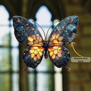Butterfly Suncatcher – Blue & Gold Faux Stained Glass Window Art image 1