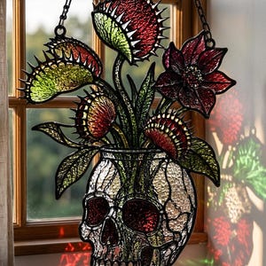 May include: A stained glass suncatcher featuring a clear textured skull-shaped vase holding several red and green Venus flytrap plants and a dark red flower. The piece is framed in black metal and hangs from a black chain against a window.