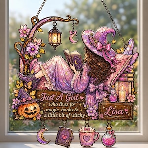 May include: A stained-glass style hanging sign featuring a person in a purple hat reading a book. Text reads: Just A Girl who lives for magic, books & a little bit of witchy, and Lisa. Includes a pumpkin, lantern, moon, book, mug, and potion bottle.