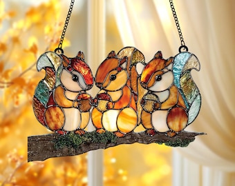 Acchiappasole in vetro colorato con famiglia di scoiattoli autunnali, decorazione per finestre in acrilico a tema forestale per decorazioni autunnali, decorazioni per giardini autunnali