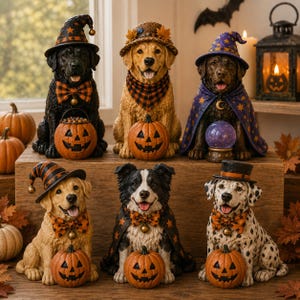 Pode incluir: Seis figuras de cães com trajes de Halloween, incluindo chapéus, capas e laços. Cada cão senta-se atrás de uma pequena abóbora, um está ao lado de uma bola de cristal roxa. A coleção apresenta várias raças com texturas de pelo detalhadas.