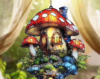 Customizable Mushroom House Suncatcher, Faux Stained Glass Cottagecore Window Decor