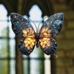 Blue and Gold Butterfly Faux Stained Glass Suncatcher – Acrylic Butterfly Window Art, Whimsical Nature Decor for Butterfly and Flower Lovers