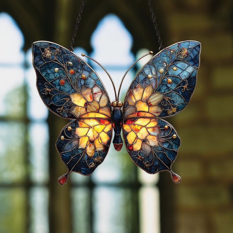 Blue and Gold Butterfly Faux Stained Glass Suncatcher – Acrylic Butterfly Window Art, Whimsical Nature Decor for Butterfly and Flower Lovers
