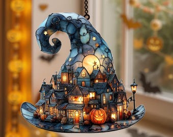 Witch Hat Acrylic Suncatcher, Faux Stained Glass Halloween Decor