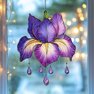 Purple Iris Acrylic Suncatcher, Faux Stained Glass February Birth Flower Window Hanging Ornament, Nature-Inspired Flower Birthday Gift