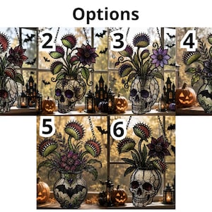 May include: A collection of six hanging suncatchers labeled Options 1 through 6, each featuring a decorative vase shaped like a skull or a rounded vessel with a bat motif, filled with colorful Venus flytrap plants and flowers in various hues.