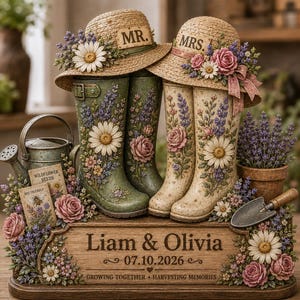 May include: A decorative tabletop display featuring two pairs of rain boots adorned with floral patterns, topped with straw hats labeled MR. and MRS. The base includes the text Liam & Olivia, 07.10.2026, and GROWING TOGETHER HARVESTING MEMORIES.
