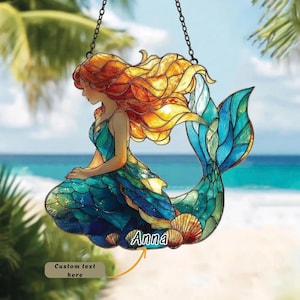 Atrapasueños acrílico de sirena hecho a mano, imitación de vidriera para ventana
