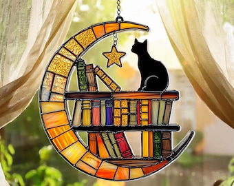 Acchiappasole in vetro colorato finto a forma di gatto che legge sulla luna, da appendere alla finestra in acrilico per amanti dei libri, regalo per bibliotecari, per la decorazione della casa.
