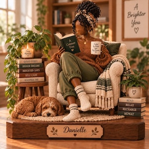 May include: A figurine of a person sitting in a cream-coloured armchair reading a book titled A Calmer You, holding a mug labelled Fueled by Books and Big Dreams. The base is engraved with the name Danielle and features stacks of books and a dog.