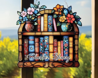 Bibliotheek glas-in-lood namaak Suncatcher, acryl boekenplankkunst met bloemen