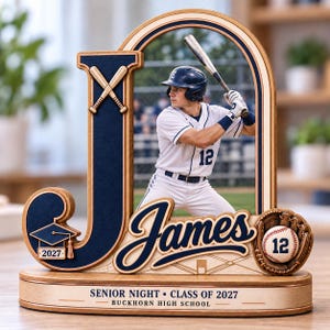 Könnte beinhalten: Ein Holzaufsteller mit einem großen Buchstaben J, einem Foto eines Baseballspielers und dem Namen James. Er enthält eine Doktorhut-Applikation mit 2027, einen Baseballhandschuh mit einem Ball mit der Nummer 12 und eine Basis mit der Aufschrift Senior Night Class of 2027 Buckhorn High School.