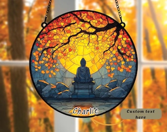 Autumn Buddha Acrylic/Glass Suncatcher, Faux Stained Glass Window Hanging, Zen Decor