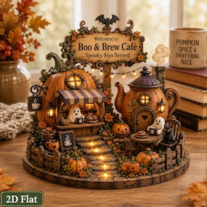 Peut inclure: Une scène miniature décorative Boo & Brew Café avec un bâtiment en forme de citrouille et une théière, éclairée par de petites lumières. Deux fantômes et un chat noir sont présents, avec un panneau indiquant Welcome to Boo & Brew Café.