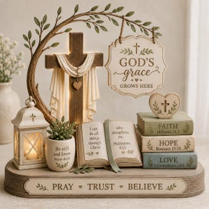 May include: A decorative tabletop display featuring a wooden cross draped in fabric, a hanging sign reading "GOD'S GRACE GROWS HERE," an open book with Philippians 4:13, a lantern, a potted plant, and stacked books labelled Faith, Hope, and Love.