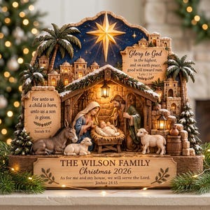 Bloque de madera personalizado para el nacimiento de Jesús, con nombre familiar y versículo bíblico personalizados, decoración cristiana plana en 2D.