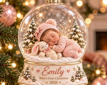 May include: A clear glass Christmas ornament globe featuring a sleeping baby in a pink knit hat and outfit, cuddling a plush rabbit. The base is white with gold trim, inscribed with the name Emily, Baby's First Christmas, and 2026.