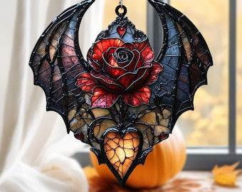 Vampire Heart Rose Suncatcher – Gothic Bat Wings, Faux Glass Charm