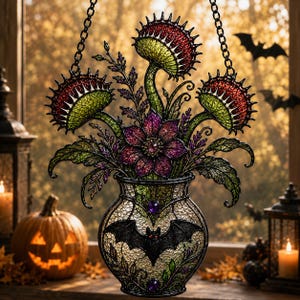May include: A stained glass suncatcher featuring three red and green Venus flytrap plants and a central purple flower in a vase. The vase is decorated with a black bat silhouette and purple gems. The piece hangs from a black metal chain.