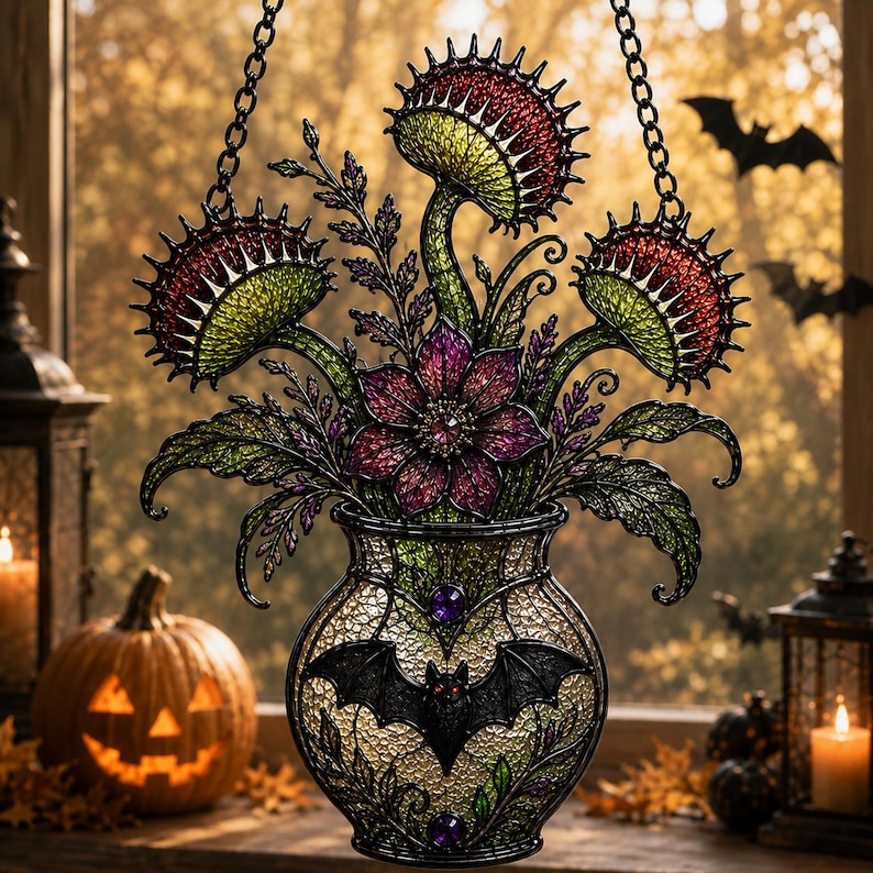 May include: A stained glass suncatcher featuring three red and green Venus flytrap plants and a central purple flower in a vase. The vase is decorated with a black bat silhouette and purple gems. The piece hangs from a black metal chain.