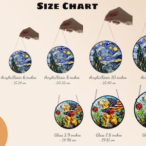 May include: A size chart displaying circular hanging ornaments. The top row shows Starry Night designs in acrylic/resin at 4, 6, 8, 10, and 12 inches. The bottom row shows golden retriever and flag designs in glass at 5.9, 7.8, and 9.8 inches.