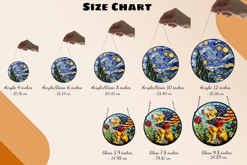 May include: A size chart displaying circular hanging ornaments. The top row shows Starry Night designs in acrylic/resin at 4, 6, 8, 10, and 12 inches. The bottom row shows golden retriever and flag designs in glass at 5.9, 7.8, and 9.8 inches.