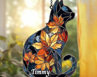 Floral Cat Faux Stained Glass Suncatcher, Acrylic Window Art