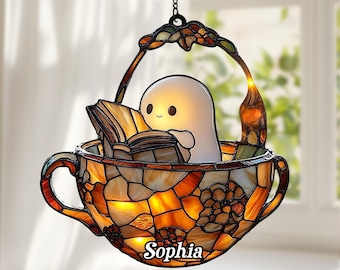 Reading Ghost Suncatcher, Faux Stained Glass Teacup, Halloween Window Hanging