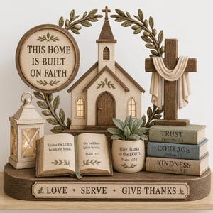 May include: A decorative tabletop display featuring a church, a cross with draped fabric, a lantern, an open book with Psalm 127:1, a potted plant, and a stack of books labelled Trust, Courage, and Kindness. The base reads Love, Serve, Give Thanks.