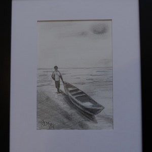 Originele potloodtekening jongen en boot potlood- en papierkunstillustratie