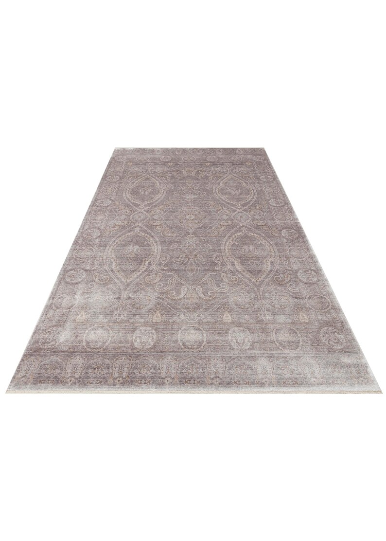 May include: A rectangular area rug featuring a muted mauve and taupe color palette with an intricate, symmetrical pattern of ornate medallions, scrolling floral motifs, and a detailed border design that spans the entire surface of the floor covering.