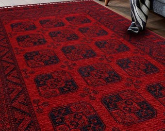 Red Afghan Washable Rug Non Slip Yagcibedir Area Rug Acrylic Chenille Flatweave Turkish Home Rug