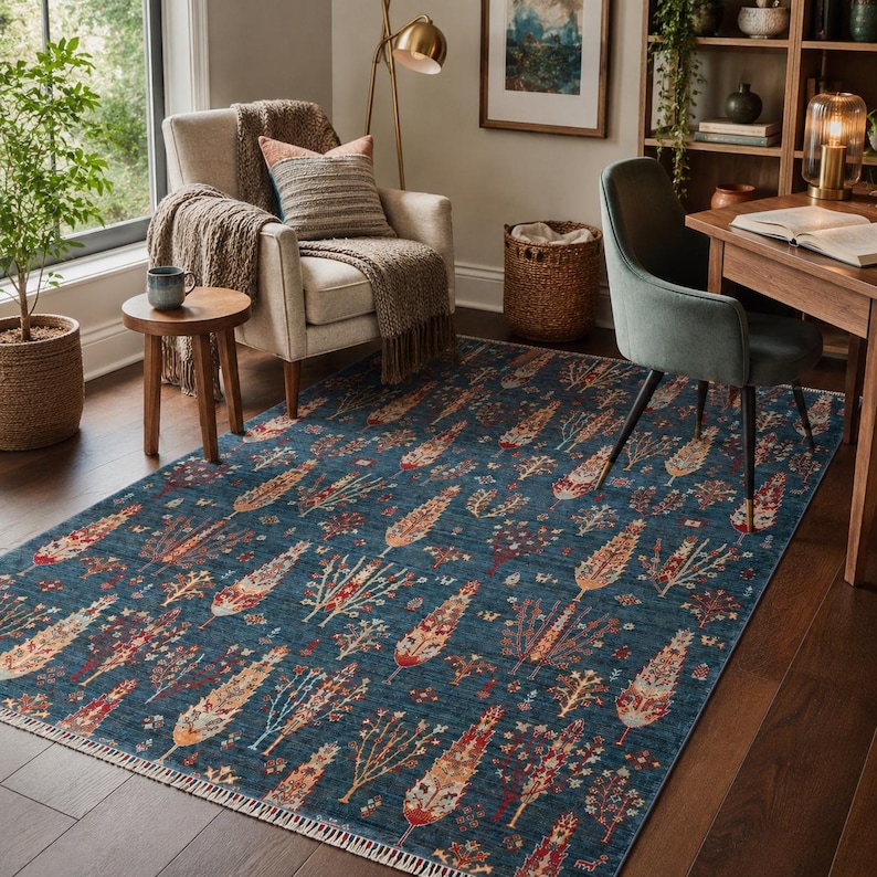 May include: A rectangular area rug featuring a deep blue background with a repeating pattern of stylized trees in shades of rust, cream, and muted gold. The rug has a short fringe along the edges and is positioned on a dark wood floor.