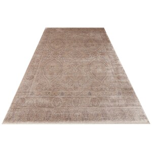 May include: A rectangular area rug featuring a faded, distressed beige and light brown color palette. The surface displays an intricate, symmetrical pattern of ornate floral medallions and scrolling vine motifs across the entire field.